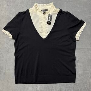 Women’s Black Knit Sweater Blouse with White Ruffle Collar